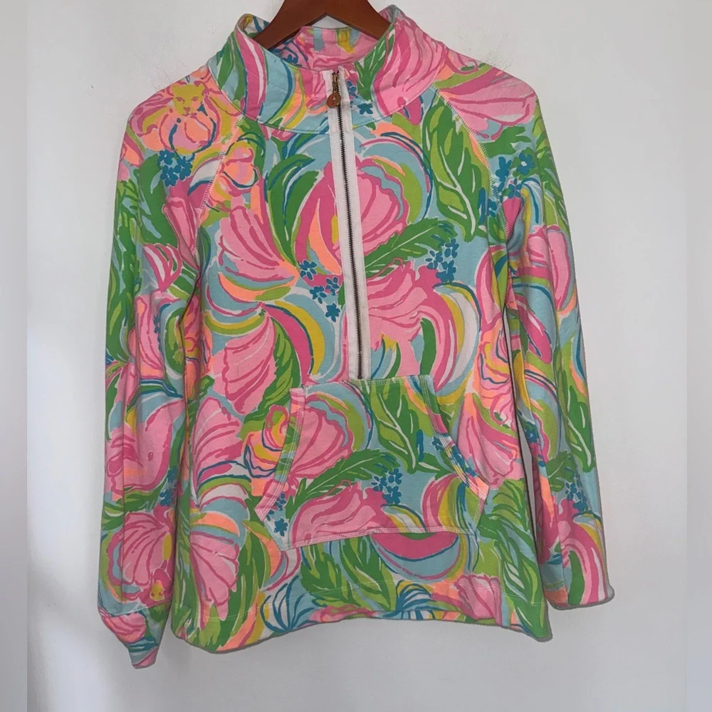 Lilly Pulitzer Floral Half Zip Pullover Jacket Pink Green Blue Medium - Picture 3 of 14